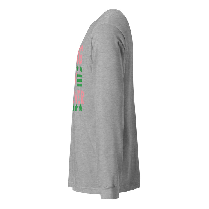 Side view of Pink & Green "Super Power" Long Sleeve T-Shirt for sorority apparel, featuring side-seamed construction and ribbed cuffs.