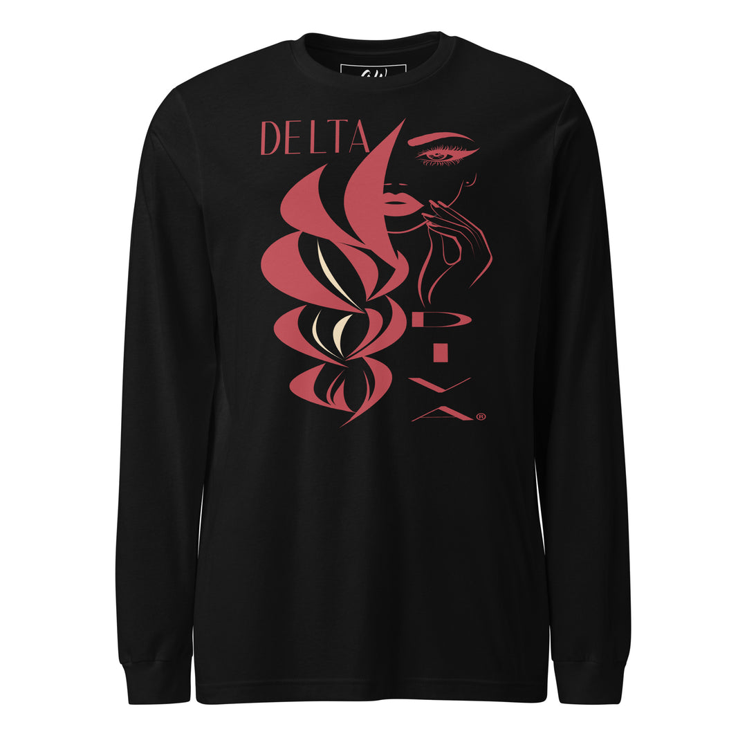 Delta Sigma Theta Diva black long-sleeve shirt for sorority paraphernalia with unique graphic design and crimson and cream colors.