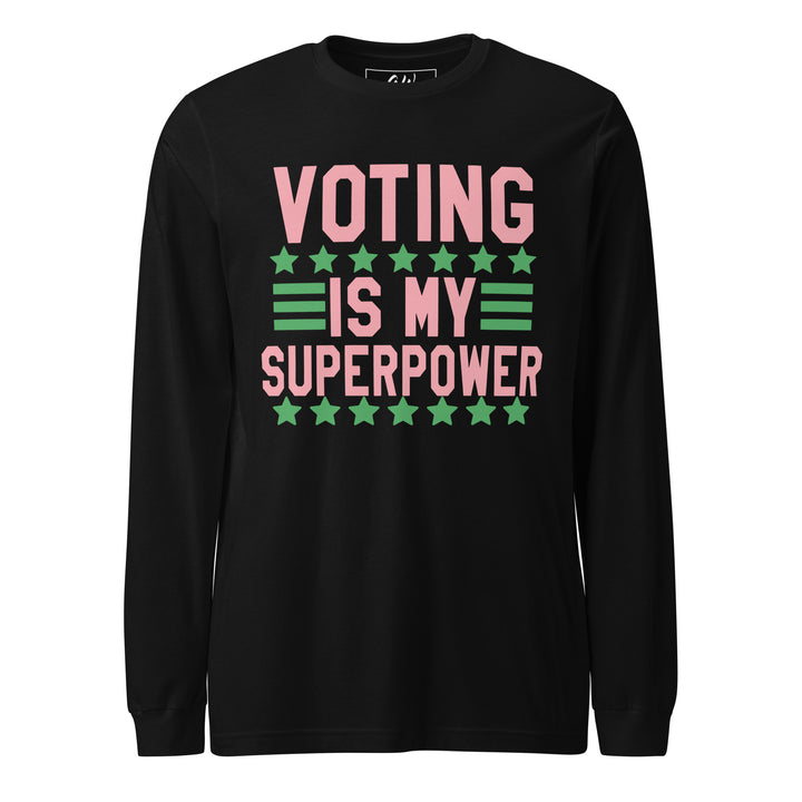 Black long-sleeve "Super Power" T-shirt with pink and green text and stars, ideal sorority apparel for voting supporters.