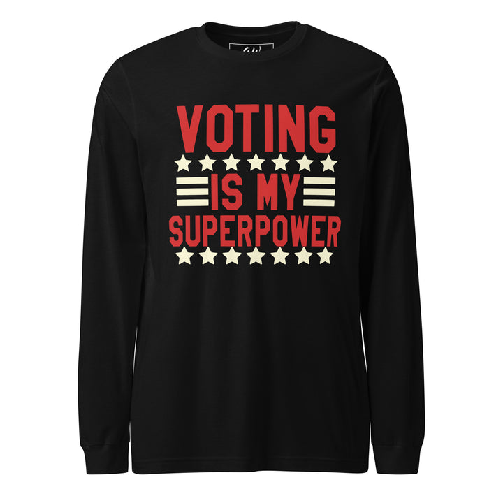 Crimson and Cream "Voting is My Super Power" long-sleeved t-shirt for delta sigma theta sorority, women's sorority apparel, black greek lettered organization