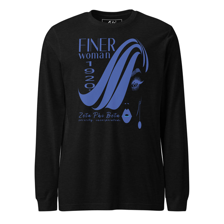 Zeta Phi Beta Finer Womanhood T-shirt in black with royal blue graphics and text "Finer Woman 1920" for ZPhiB sorority members.