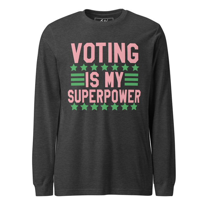 Pink & Green "Voting is My Superpower" long-sleeve sorority t-shirt for women's clothing, sorority apparel, and black greek lettered organizations.