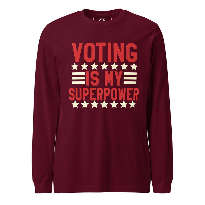 Crimson and cream long-sleeved t-shirt with "Voting is my Super Power" slogan, inspired by delta sigma theta sorority.