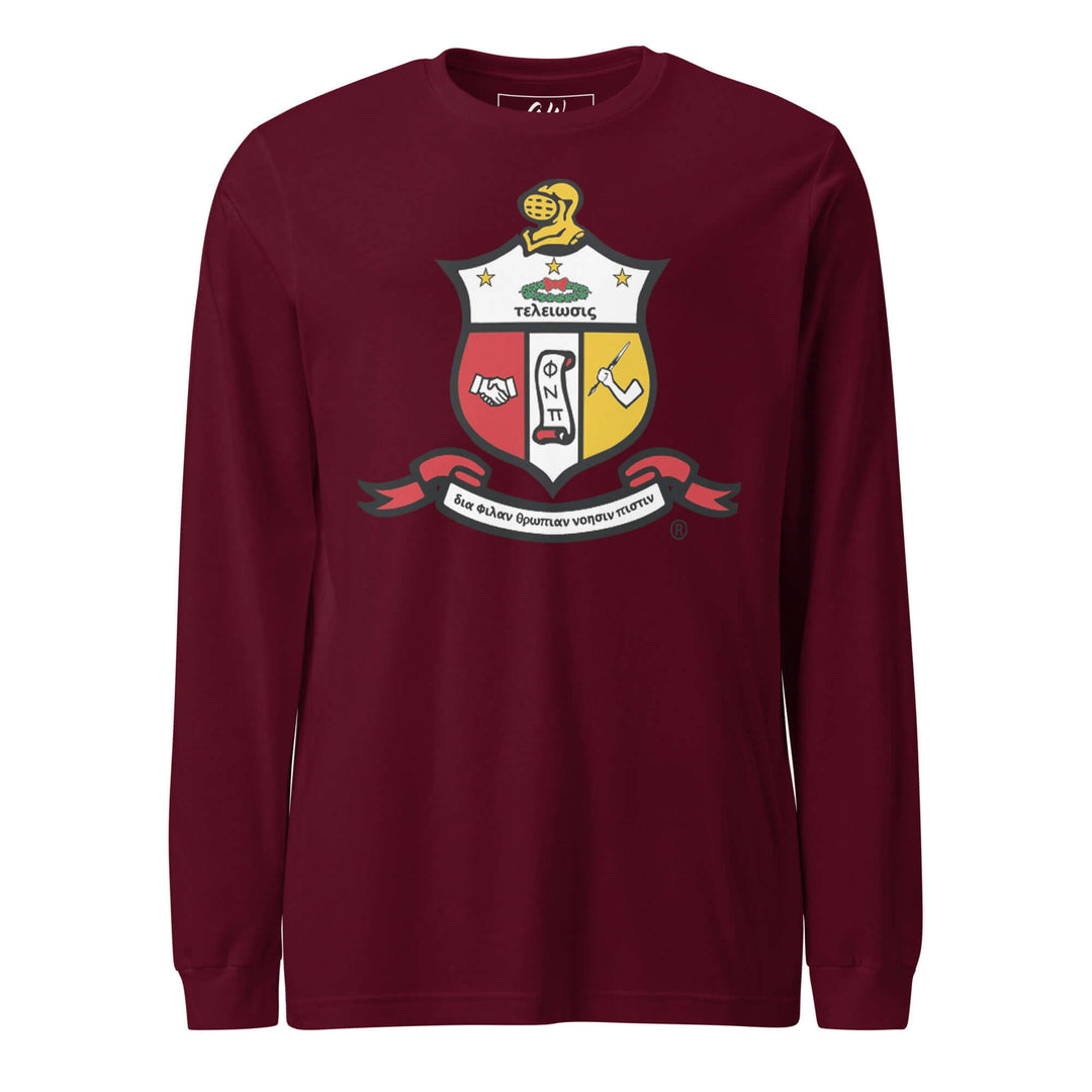 Kappa Alpha Psi Coat of Arms long sleeve tee in maroon, perfect for fraternity paraphernalia and Greek gear.