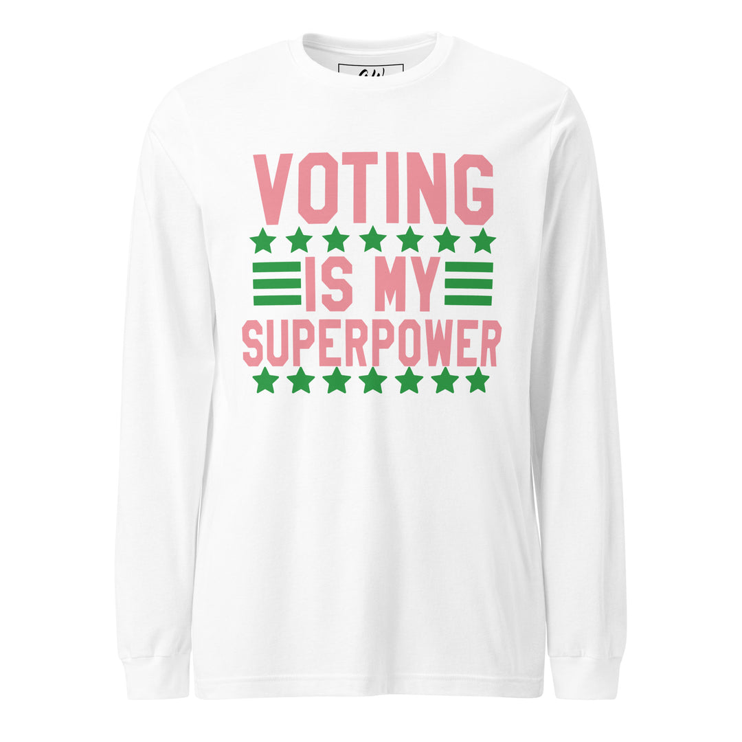 Pink and green "Voting is my Superpower" long sleeve T-shirt, ideal sorority paraphernalia for black sororities, women's clothing.