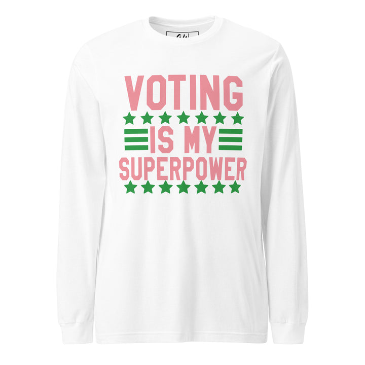 Pink and green "Voting is my Superpower" long sleeve T-shirt, ideal sorority paraphernalia for black sororities, women's clothing.