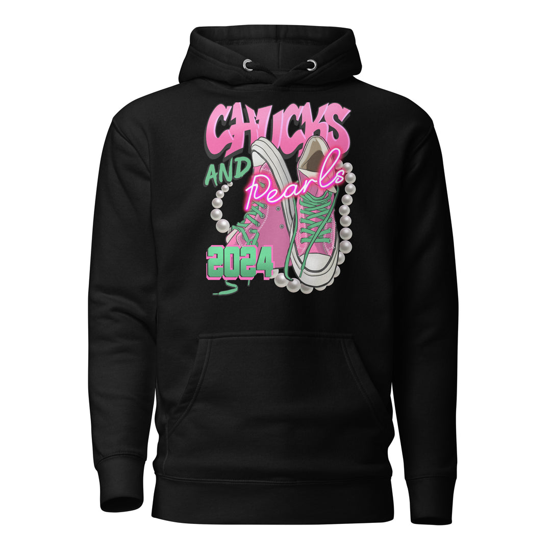 Trendsetting black Chucks and Pearls hoodie, perfect for sorority paraphernalia and election season, featuring pink and green design for AKA sorority.