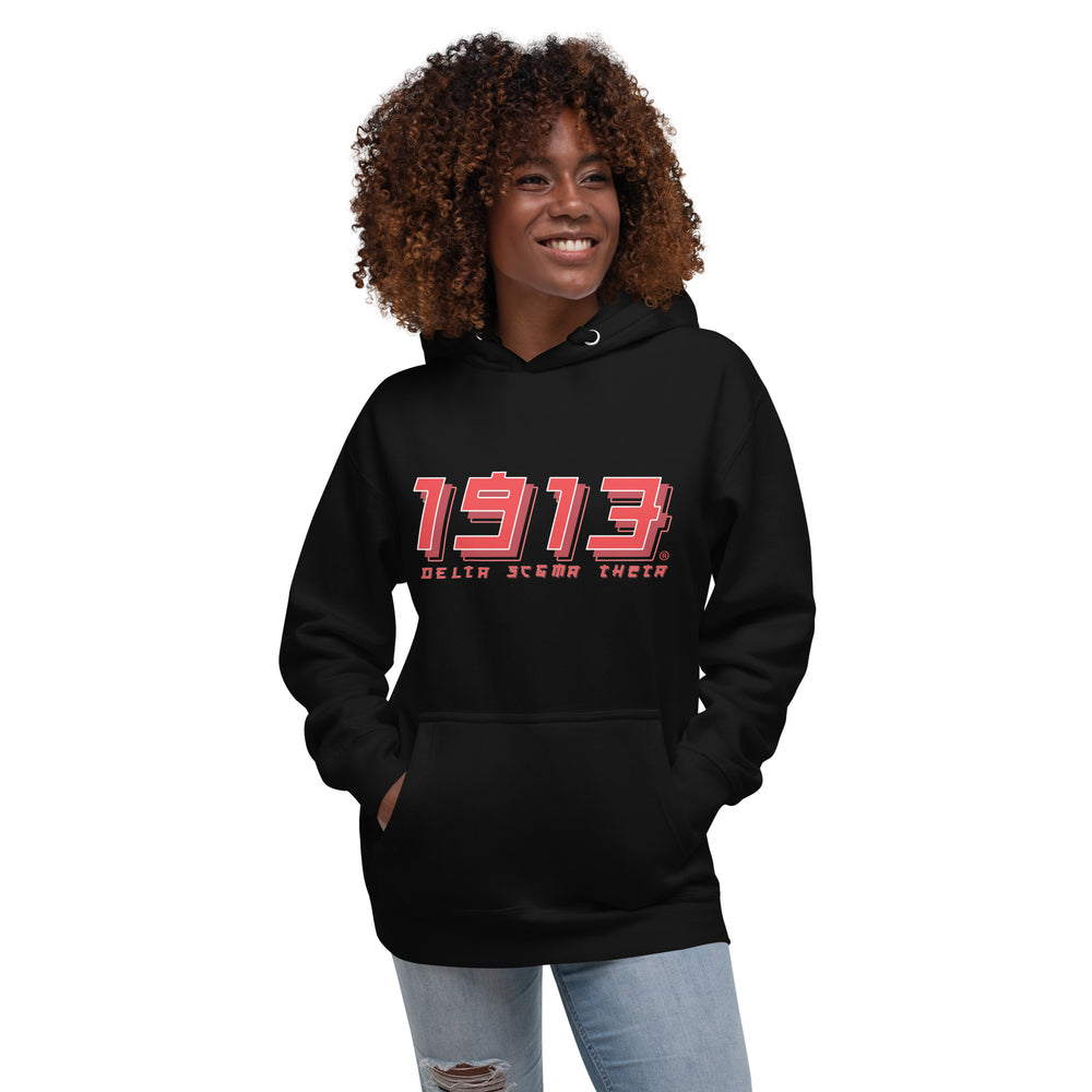 Delta Sigma Theta "1913" Hoodie worn by woman, featuring sorority's colors and Japanese characters. Sorority paraphernalia and custom sorority gifts.