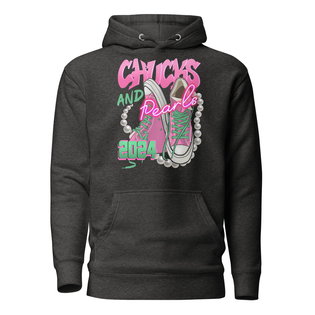 Chucks and Pearls Hoodie, sorority paraphernalia, women's election clothing, pink and green, 2024 design, black sorority apparel