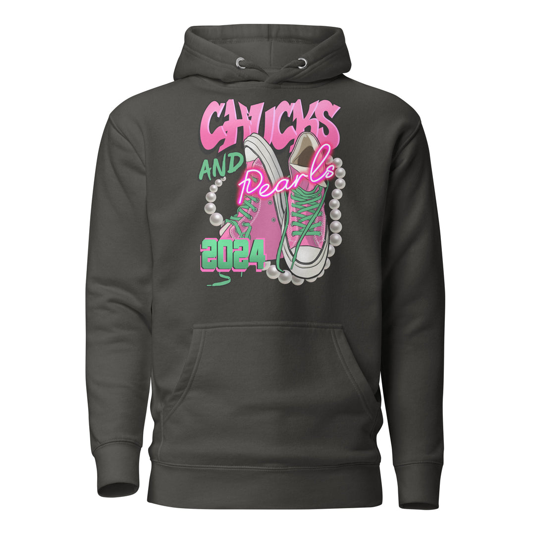 Chucks and Pearls 2024 Hoodie in dark grey featuring pink and green sneaker graphic with pearls, perfect for black sorority paraphernalia.