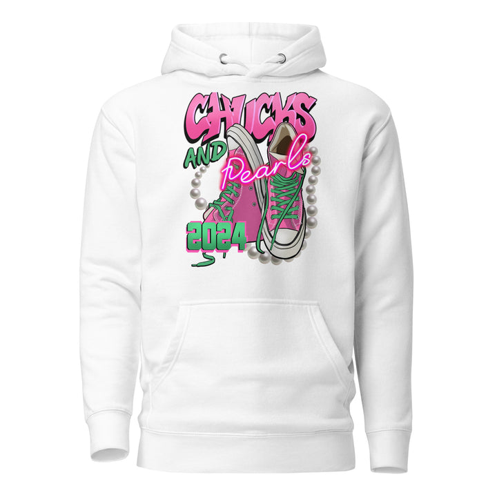 Trendsetting Chucks and Pearls hoodie for sorority women, perfect for election ready look. 100% cotton, front pouch pocket, self-fabric patch.