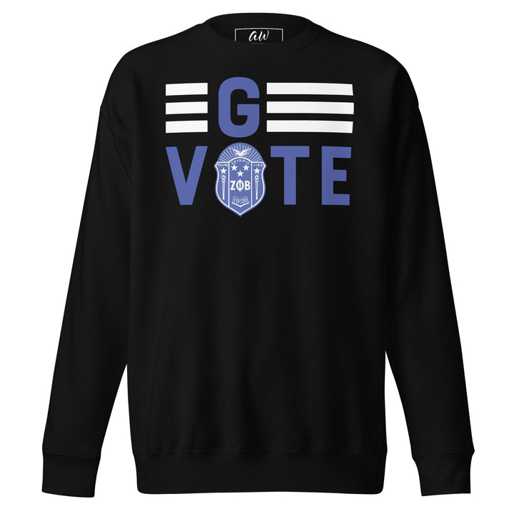 Unisex black sweatshirt featuring "G VOTE" graphic and sorority/fraternity Greek gear design for stylish streetwear.