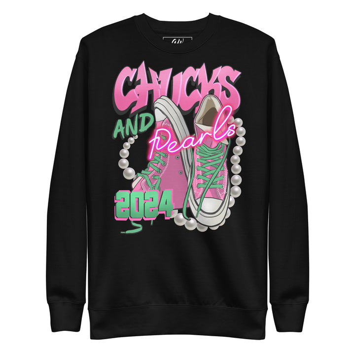 Pink Chucks & Pearls sweatshirt for 2024 featuring trendy design, ideal sorority apparel, black sweatshirt with vibrant graphics.