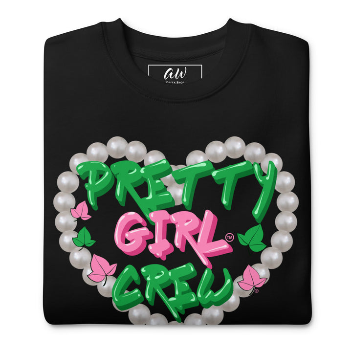 Pretty Girl Crew black sweatshirt with pearl heart design and pink and green lettering, sorority apparel.