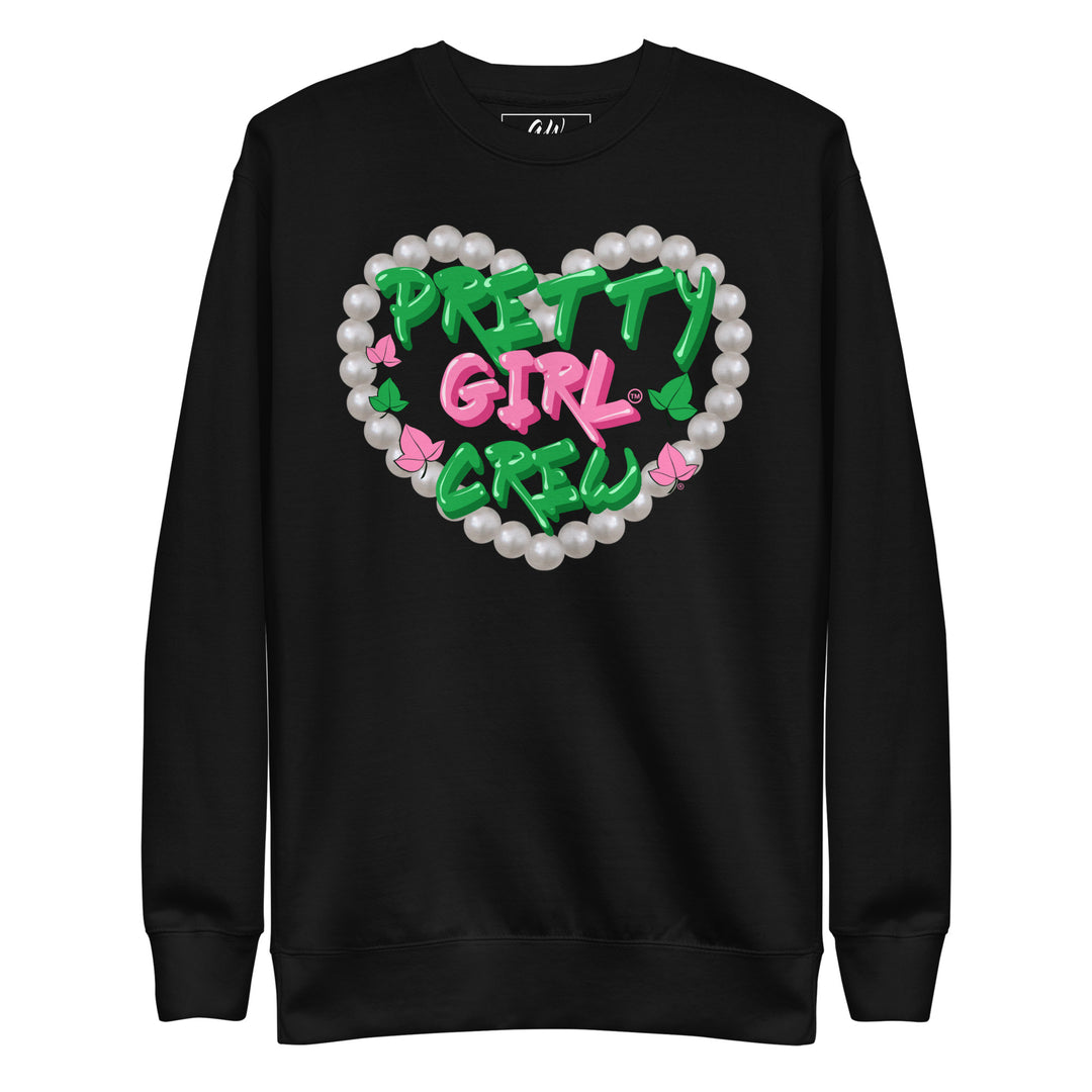 AKA Pretty Girl Crew black sweatshirt with pink and green sorority design, perfect for Alpha Kappa Alpha and black sorority apparel enthusiasts.