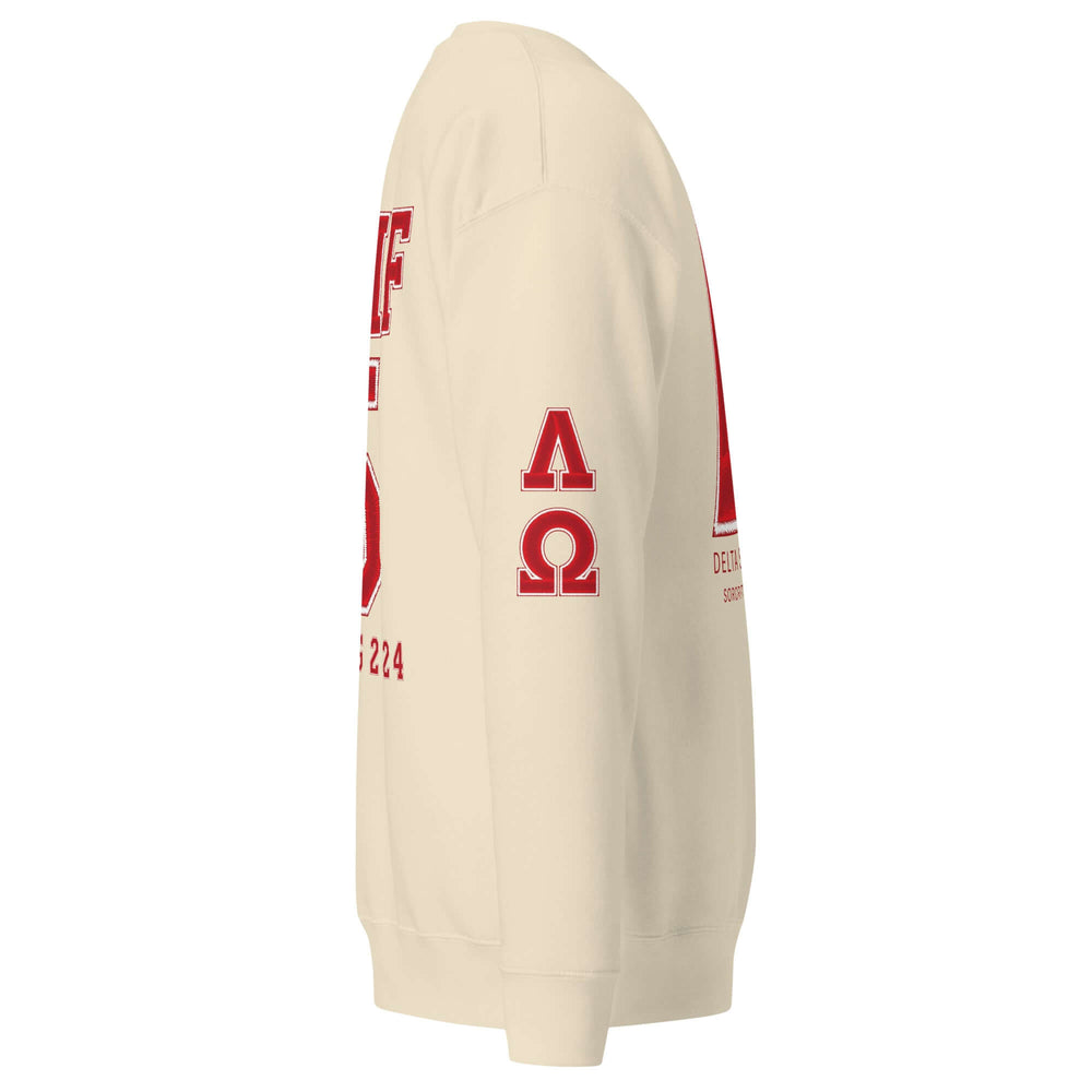 Cream sweatshirt with red sorority and fraternity graphics, perfect for Greek gear enthusiasts and paraphernalia collectors.