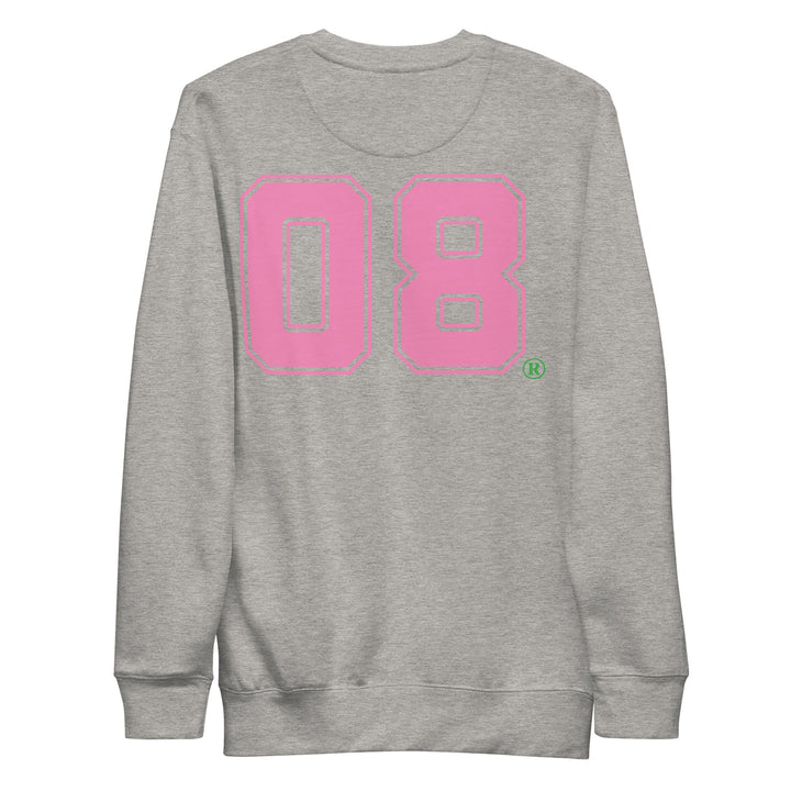 Pretty Girl Crew sweatshirt in heather grey with pink "08" design, Greek sorority apparel, 65% cotton 35% polyester, sorority paraphernalia