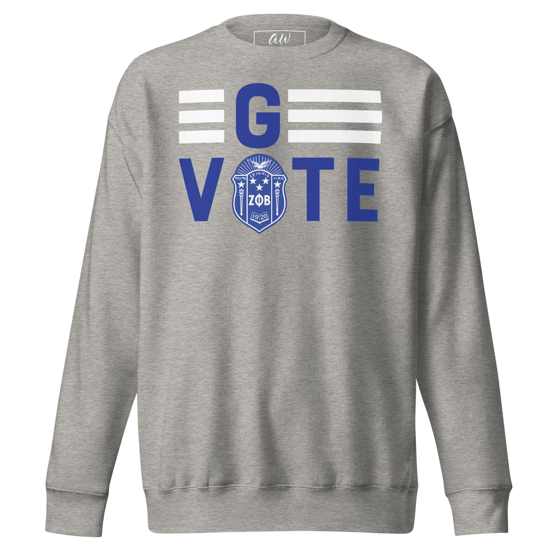 Unisex premium sweatshirt in gray featuring "G VOTE" design, perfect for sorority and fraternity greek gear.