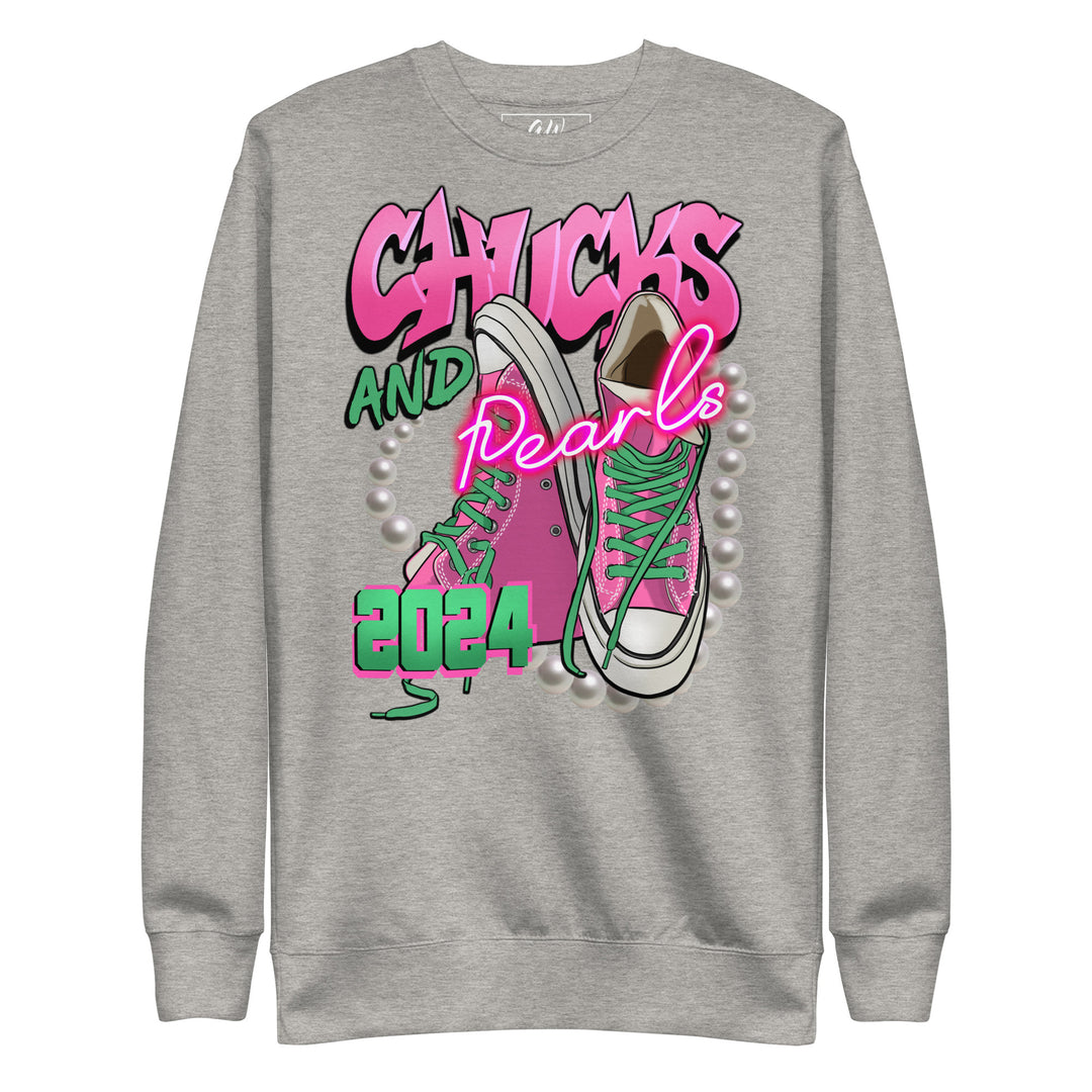 Pink Chucks and Pearls 2024 sweatshirt, sorority paraphernalia, black sorority apparel, women's sweatshirt, pink and green, stylish sorority wear.