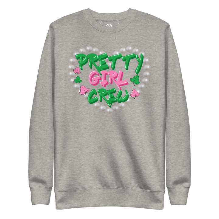 Pretty Girl Crew sweatshirt in grey with pink and green design - sorority paraphernalia, black sorority apparel, women's hoodies, divine nine member garment.