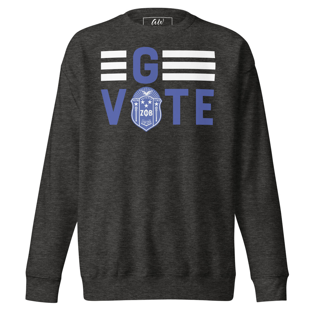 Unisex premium sweatshirt in charcoal heather with "G VOTE" design, perfect for sorority and fraternity Greek gear.