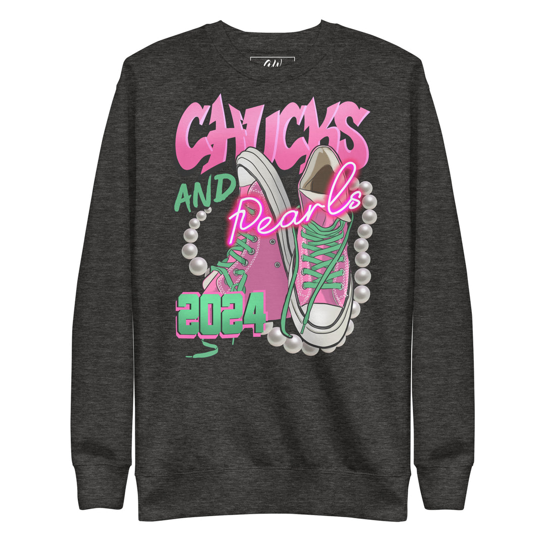 Pink Chucks & Pearls 2024 Sweatshirt - Sorority Apparel, Women's Clothing, Tight-knit Fleece, Side-seamed, Double-needle Stitched, Charcoal Heather