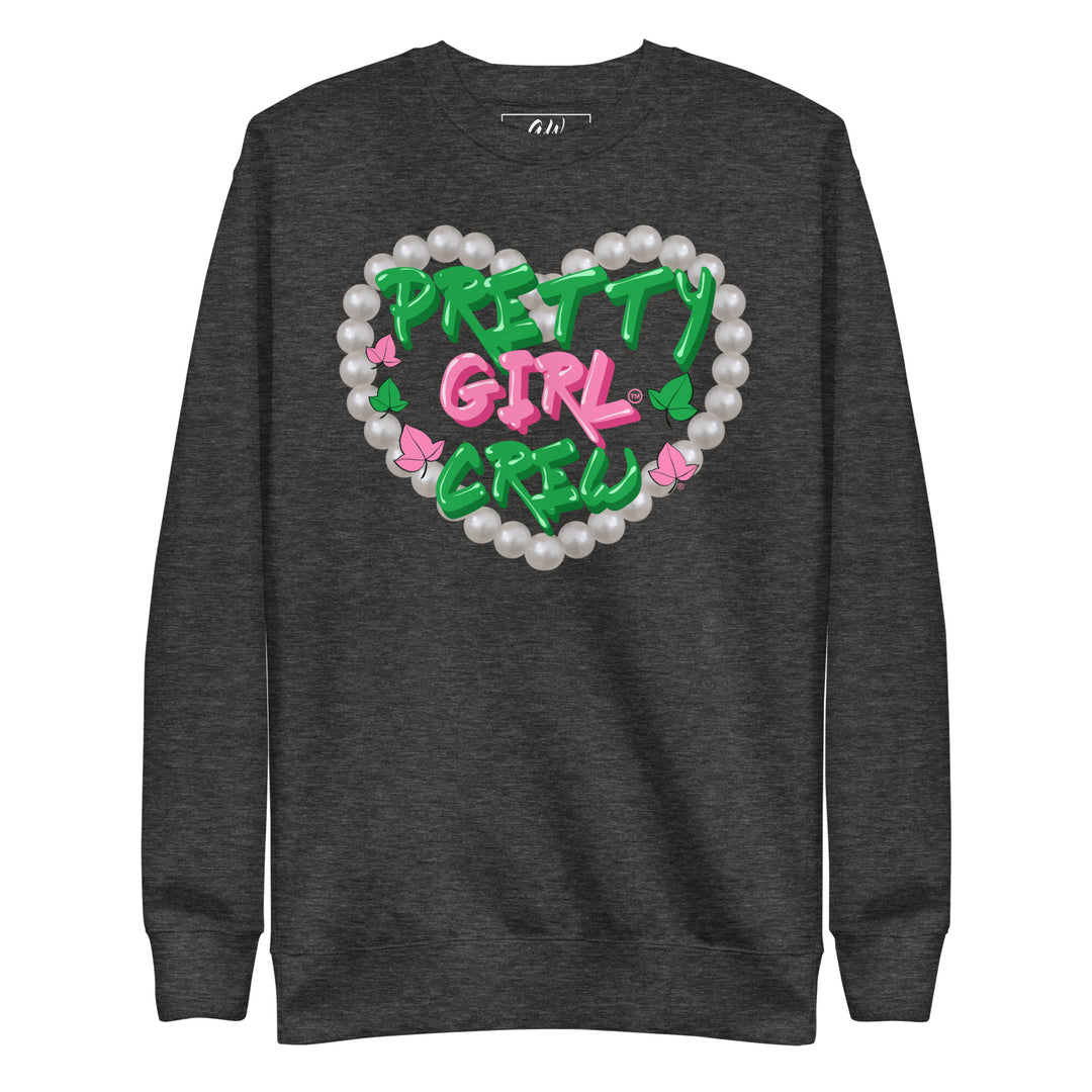 Pretty Girl Crew sweatshirt in charcoal heather, ideal sorority paraphernalia for Alpha Kappa Alpha, featuring pink and green design with pearl accents.