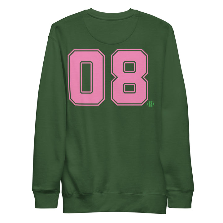 Green Pretty Girl Crew sweatshirt with pink '08', sorority paraphernalia, alpha kappa alpha sorority, women's clothing, sorority apparel