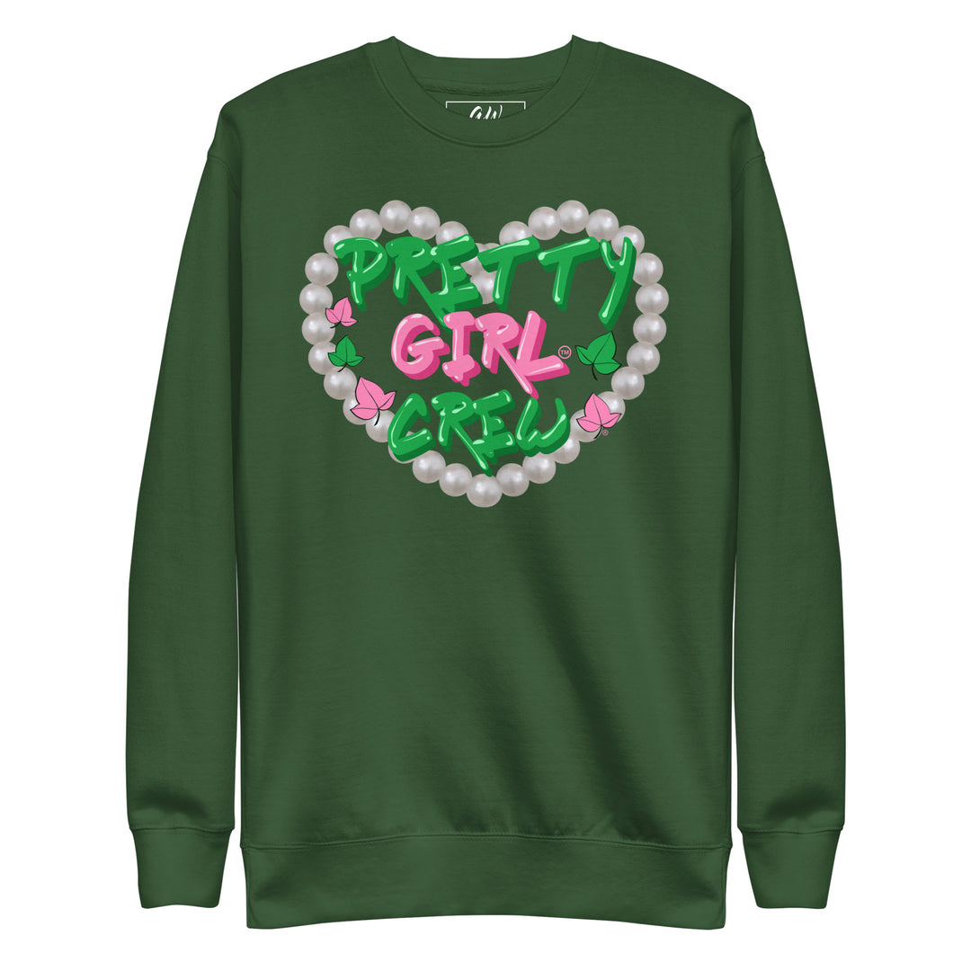 Pretty Girl Crew sweatshirt in green with a heart-shaped pearl design and pink lettering. Perfect sorority apparel for black Greek lettered organizations.