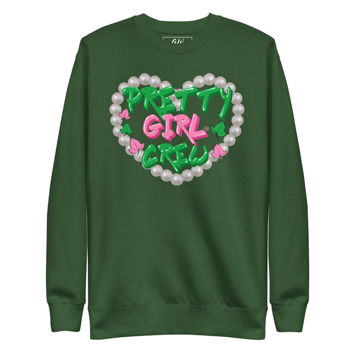 Pretty Girl Crew sweatshirt in green with a heart-shaped pearl design and pink lettering. Perfect sorority apparel for black Greek lettered organizations.