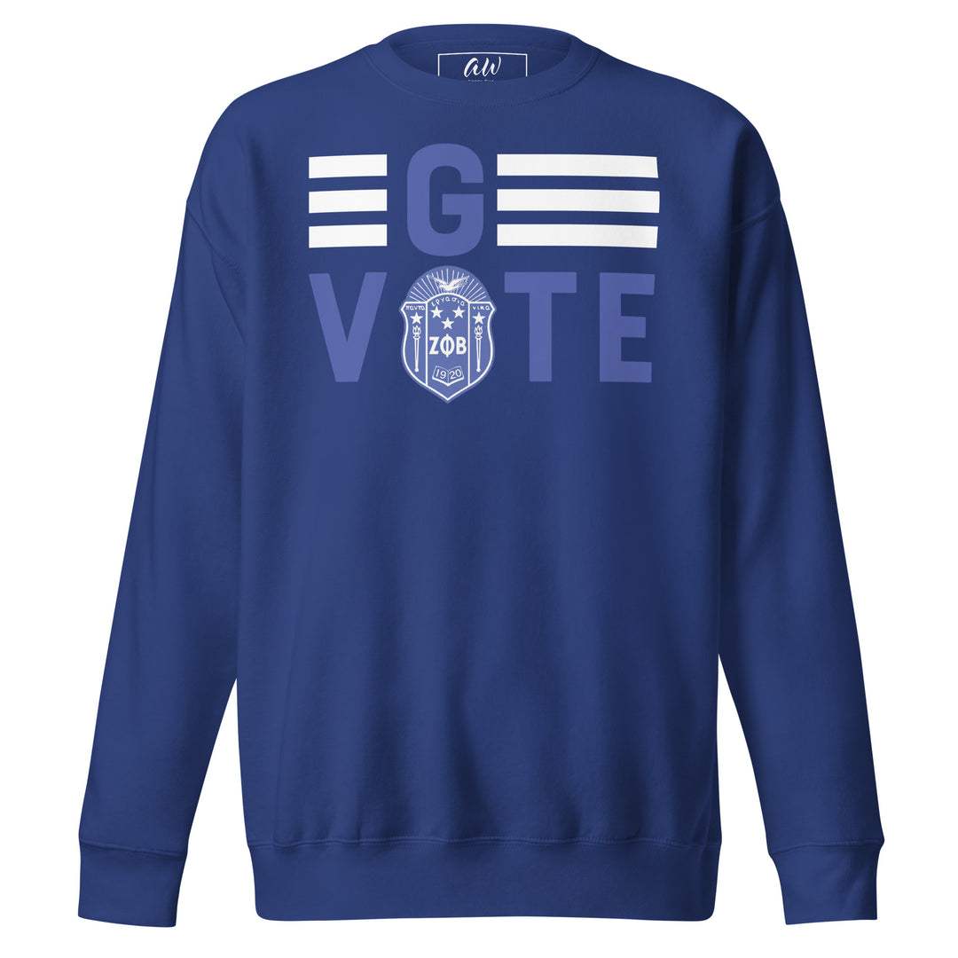 Unisex premium sweatshirt in navy featuring "G VOTE" graphic and Greek letters, perfect for sorority and fraternity paraphernalia.