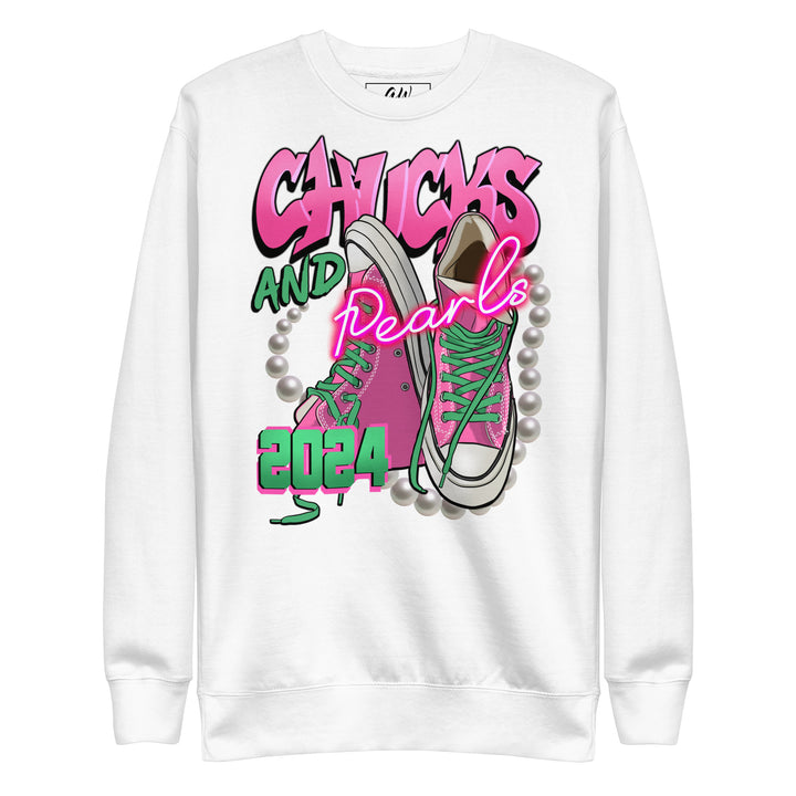 Pink Chucks & Pearls Sweatshirt 2024 - Trendy Women's Sorority Apparel, Perfect for Sorority Colors, Pink and Green.