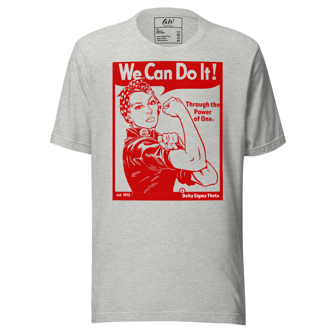 Delta Sigma Theta Black Rosie T-Shirt with "We Can Do It" design for sorority apparel.