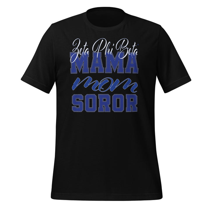 Zeta MAMA T-Shirt in black with blue letters, perfect for sorority and fraternity paraphernalia and Greek gear.