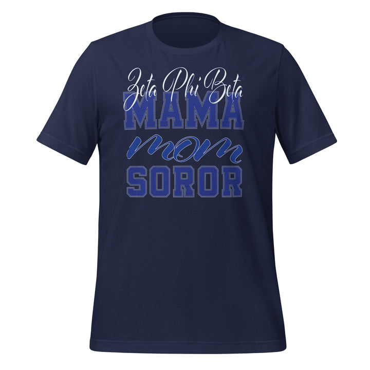 Zeta MAMA T-Shirt in navy featuring sorority Greek letters, perfect for fraternity paraphernalia and Greek gear.