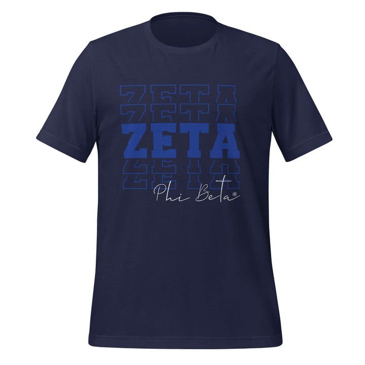 Zeta Phi Beta unisex t-shirt in navy, featuring bold "ZETA" design, perfect for sorority and fraternity paraphernalia.