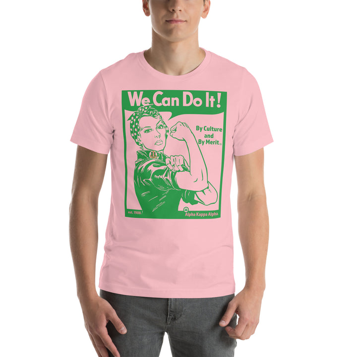 AKA Black Rosie T-Shirt featuring "We Can Do It!" design in pink and green for Alpha Kappa Alpha sorority members.