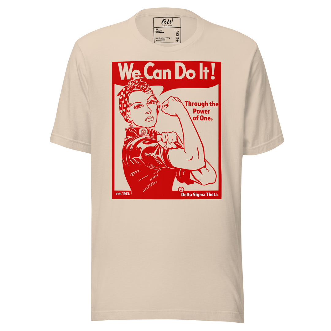 Delta Black Rosie T-Shirt with "We Can Do It!" slogan for Delta Sigma Theta Sorority Paraphernalia