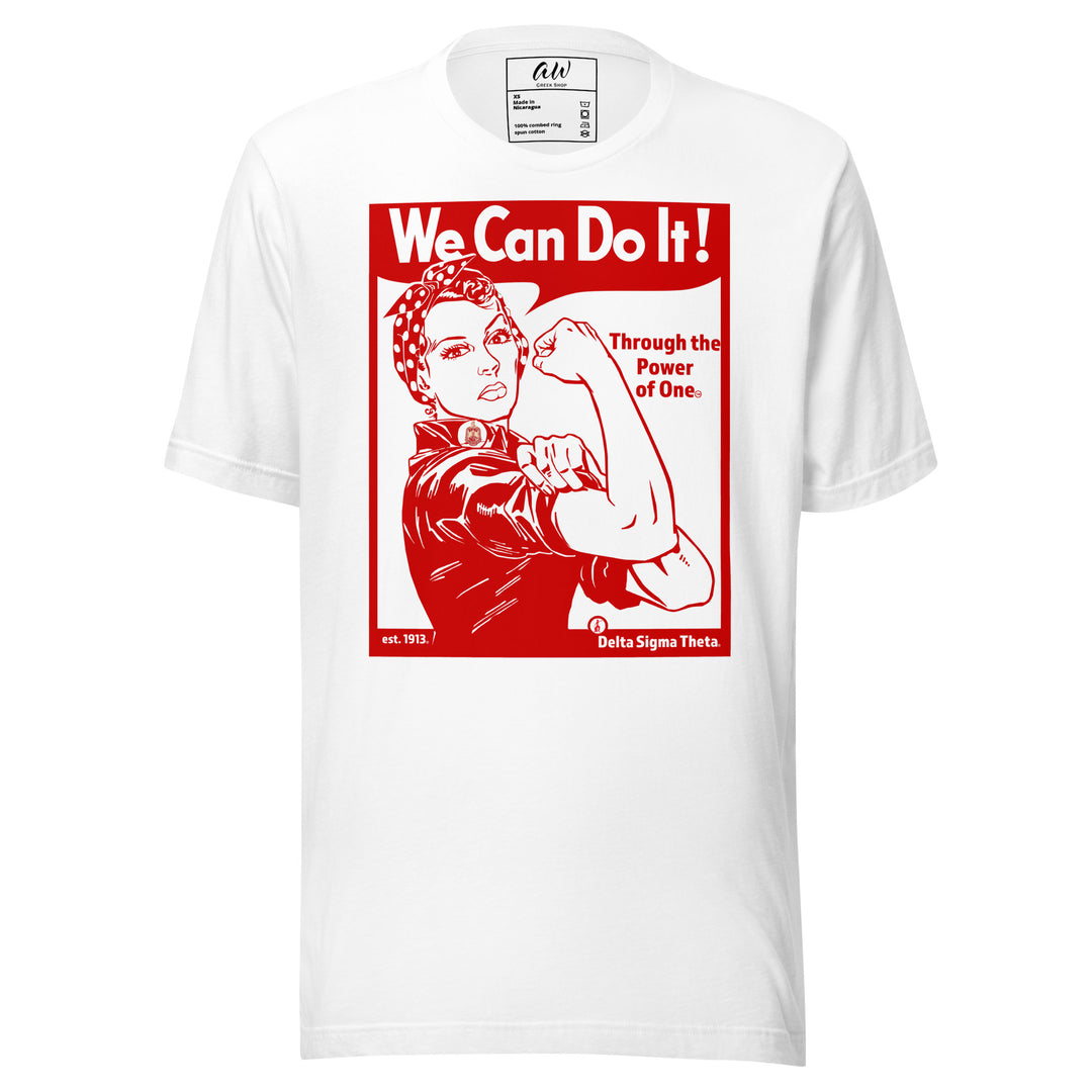 Delta Black Rosie T-Shirt with "We Can Do It!" graphic, ideal sorority paraphernalia for Delta Sigma Theta Sorority members.