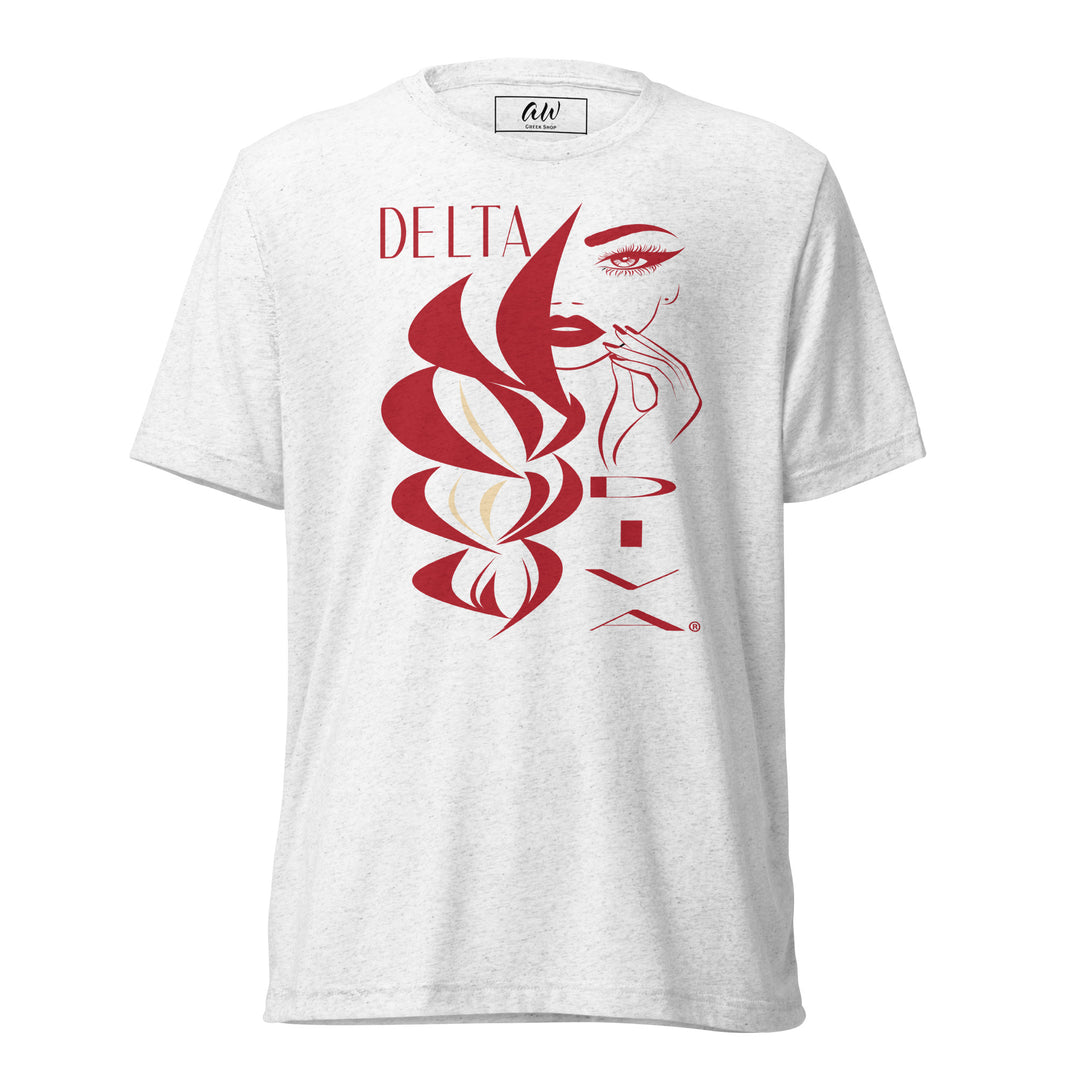 Delta Diva T-Shirt in white with red and white Delta Sigma Theta sorority graphic, premium tri-blend fabric, sorority paraphernalia