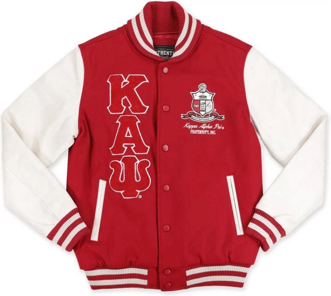 Kappa Alpha Psi wool letterman jacket showcasing fraternity logo, perfect Greek gear for sorority and fraternity paraphernalia.