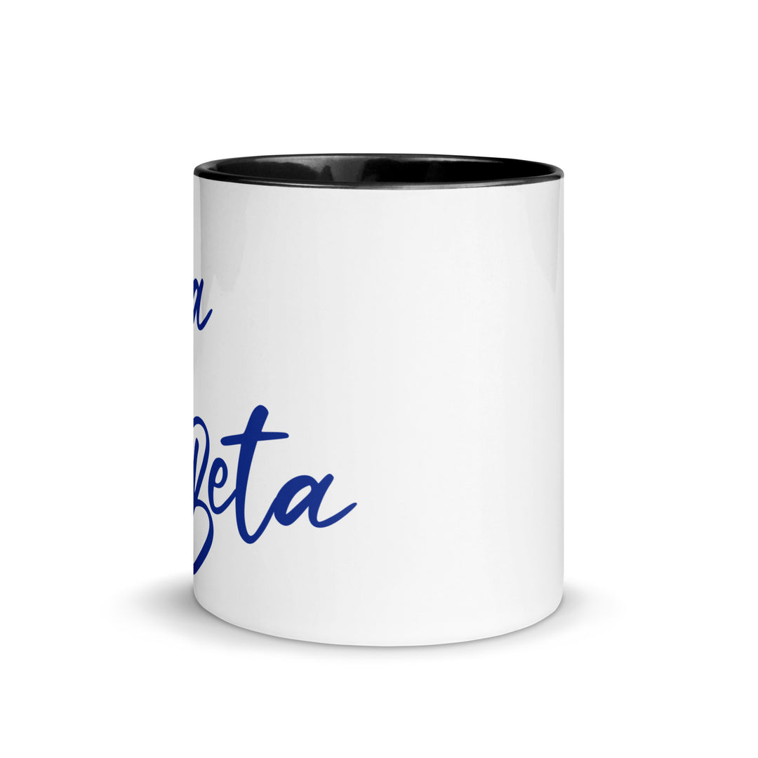 Zeta Script Mug with blue lettering and a black interior, perfect for sorority and fraternity paraphernalia.