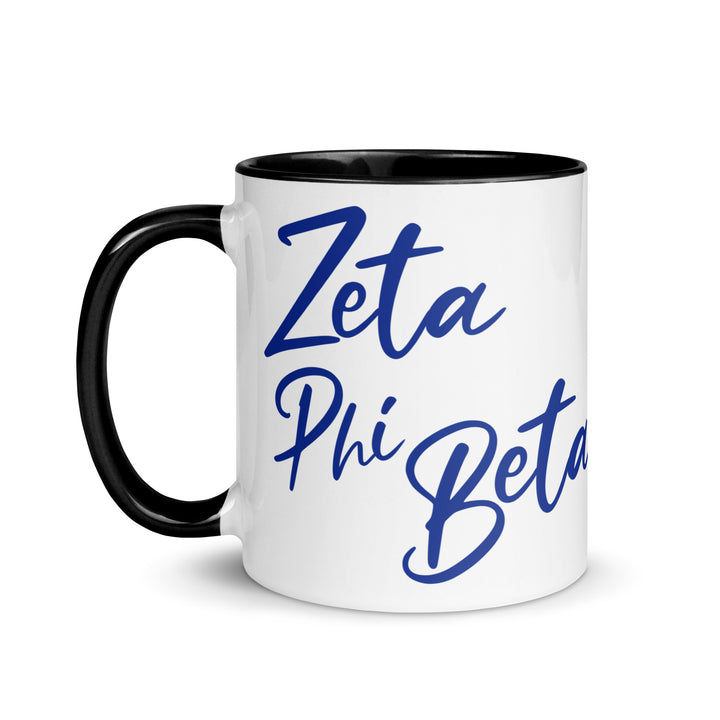 Zeta Script Mug featuring Zeta Phi Beta design, colorful ceramic mug, perfect for sorority and fraternity paraphernalia.