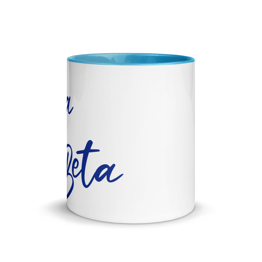 Zeta Script Mug with blue interior and rim, perfect for sorority or fraternity coffee rituals and Greek paraphernalia.