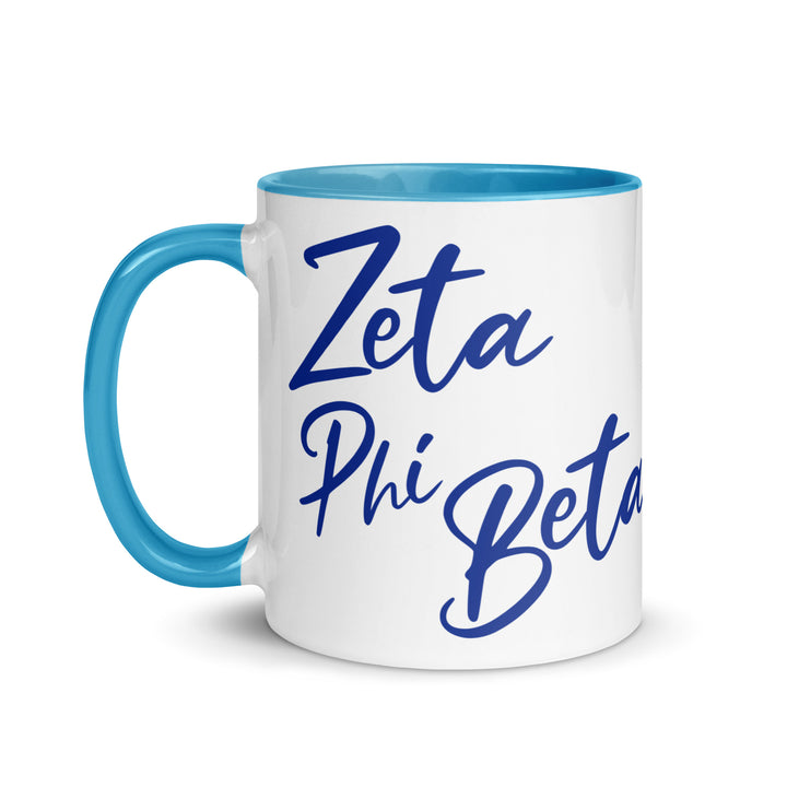 Zeta Script Mug featuring colorful rim and handle, perfect for sorority and fraternity paraphernalia.