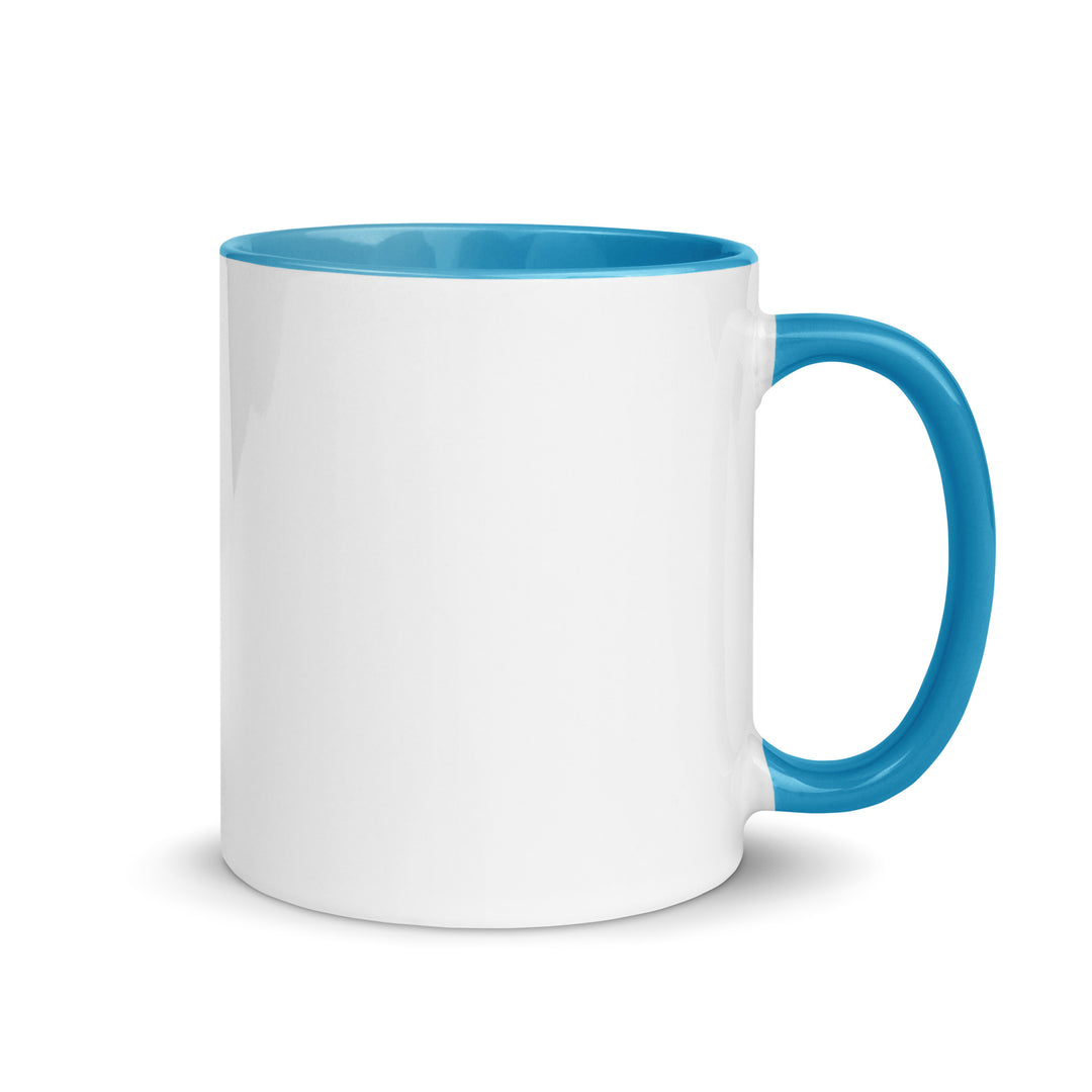 White ceramic Zeta Script mug with a vibrant blue rim and handle, perfect for sorority and fraternity paraphernalia.