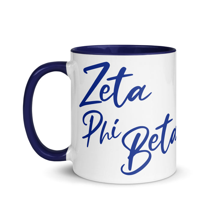 Zeta Script Mug with colorful rim, perfect sorority paraphernalia for coffee lovers and fraternity gear collectors.