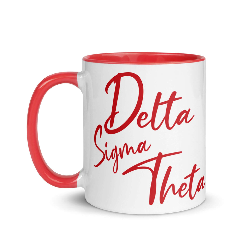 Delta Script Mug with red handle and rim, perfect for sorority or fraternity coffee rituals and Greek gear collection.