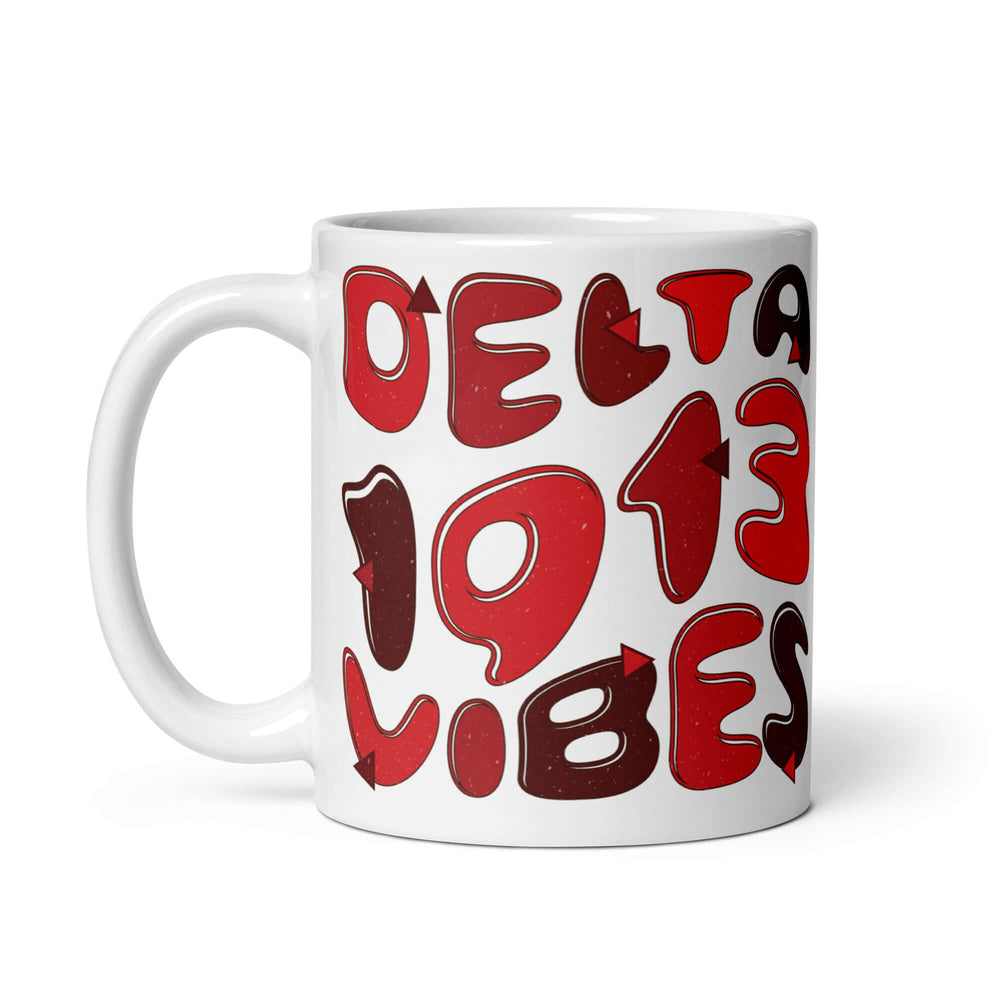 Delta Vibes Sorority Mug with bold red and brown letters, perfect for coffee or tea lovers and Greek gear enthusiasts.