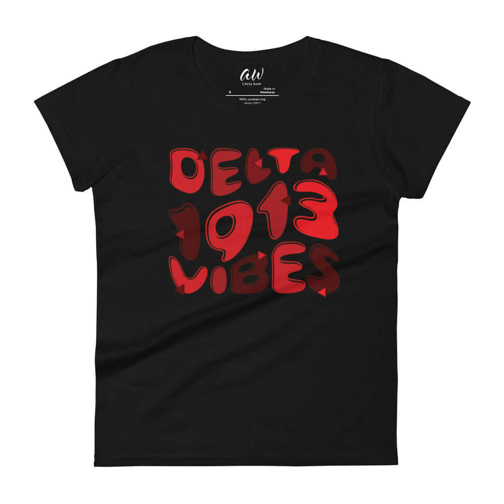 Delta Vibes T-Shirt in black featuring bold red lettering, perfect for Greek gear and sorority/fraternity paraphernalia.